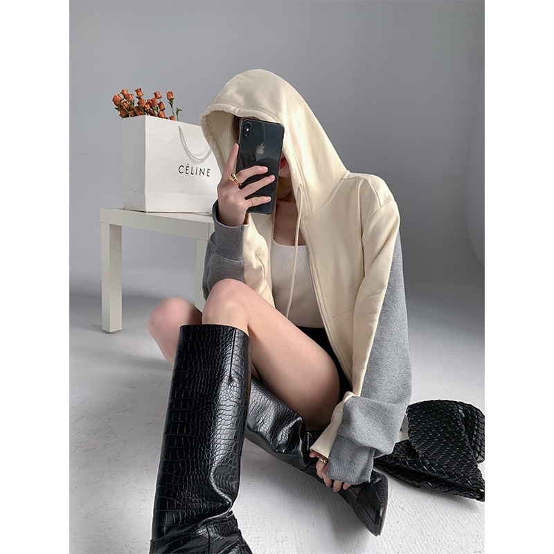 

Spring 2021 new style front short back long wind hooded Peninsula clear sky color blocking zipper women' guards, Grey cream yellow spot hair
