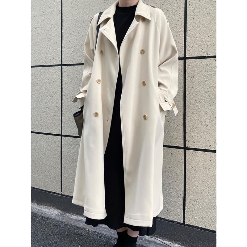 

Women's Trench Coats Autumn 2021 Fashion Vertical British Style Loose Solid Color Lapel Lace Up Medium Long Knee Length Windbreaker Jacket W, Beige