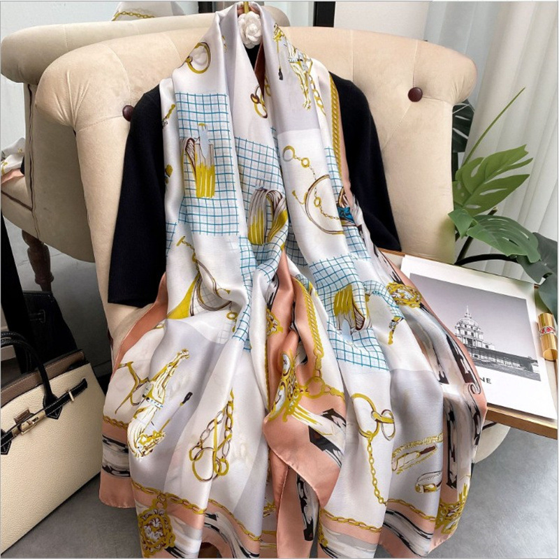 

Shawls Womens Satin Carriage Link Outdoor Sun Protection Thin Large Air Conditioning Decorative Shawl Emulation Silk Scarf No. 3