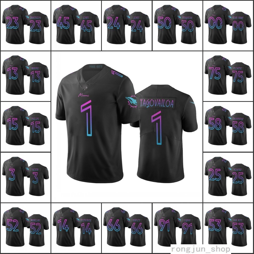 

Top Quality MiamiDolphinsMen Women Youth #1 Tua Tagovailoa 13 Dan Marino 3 Josh Rosen 15 Jaelan Phillips BlackCityEd, Black;red