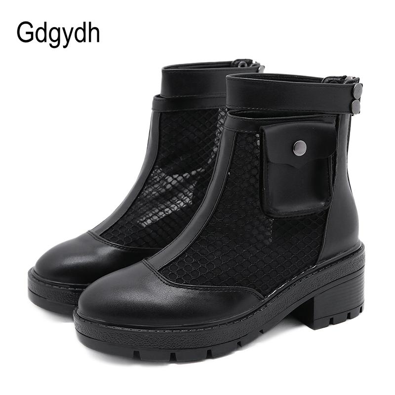 

Boots Gdgydh Air Mesh Womens Ankle Punk Style Strap Buckles Female Short Hollow Out Pocket Combat Chunky Heel, Black