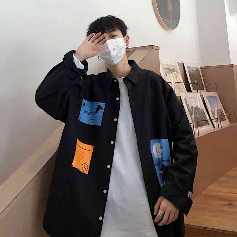 

spring and autumn new youth trend visual print loose version fashion casual long-sleeved shirt black / white -xl, White;black