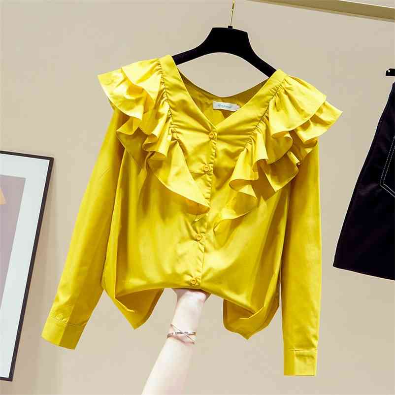 

Autumn Women' V Neck Long Sleeves Ruffles Shirts Female Ladies Shirt Blouse Tops A4070 210519, White