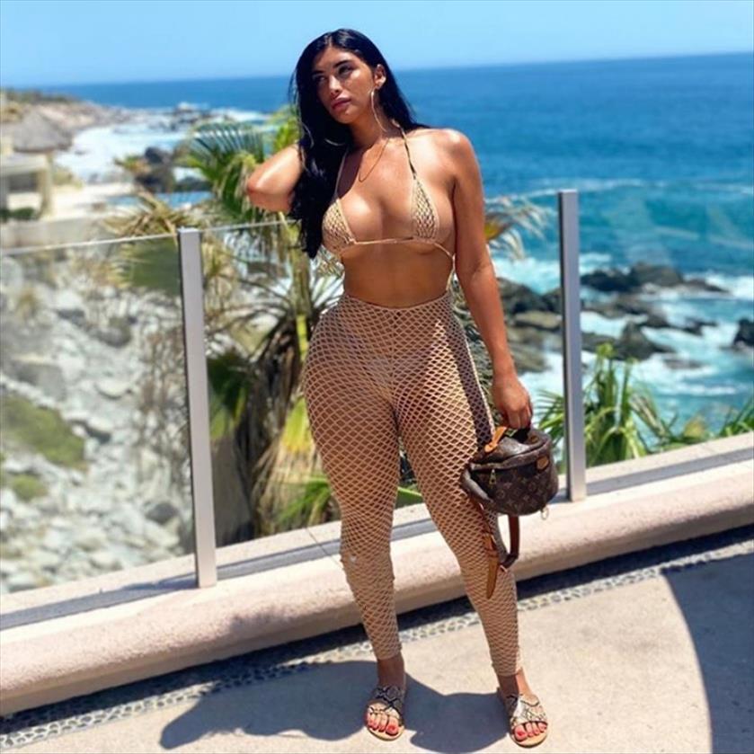 

see through hollow out womenpant two piece sets summer streetwear fashion skinny sleeveless halter zipper pants, White