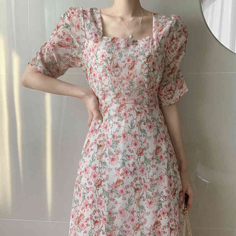 

Women Summer Sweet Boho Dress Vintage Female Casual Party Holiday Korean Pink Chiffon Elegant Print Floral 210517
