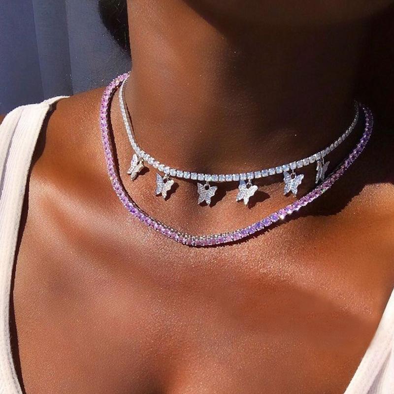 

Chokers 2 Pcs/Set Sweet Crystal Butterfly Pendant Choker Neckalce For Women Multilayer Chain Necklace Set Party Jewelry Gifts