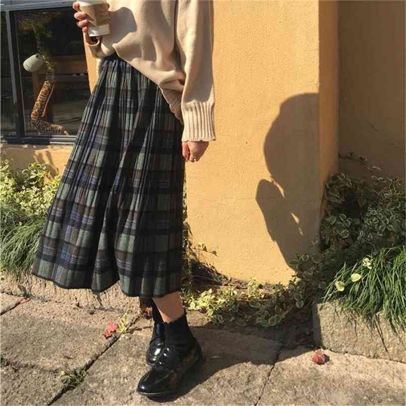 

Vintage Wool Pleated Plaid Skirt Women High Waist Plus Size Long Autumn Winter Harajuku Female Party Streetwear 210702, Black