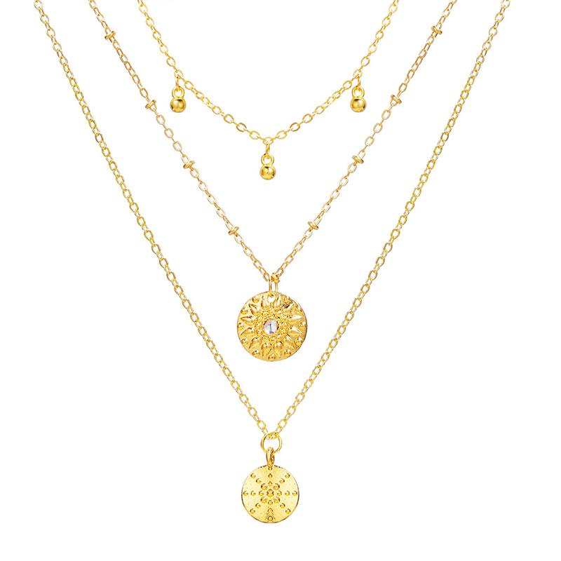 Pendant Necklaces Engraved Round Coin Necklace Women Gold Color Crystal Multilayer Initial Clavicle Chain Collar Jewelry Gift-image-698356252