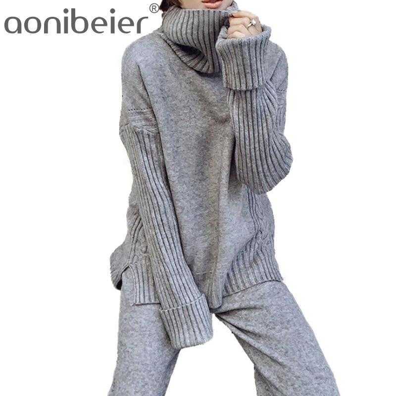 

Sweater Women Tracksuit Spring Autumn Knitted Suits 2 Piece Set Warm Turtleneck Pullovers Wide Legs Pants 210604, Pink