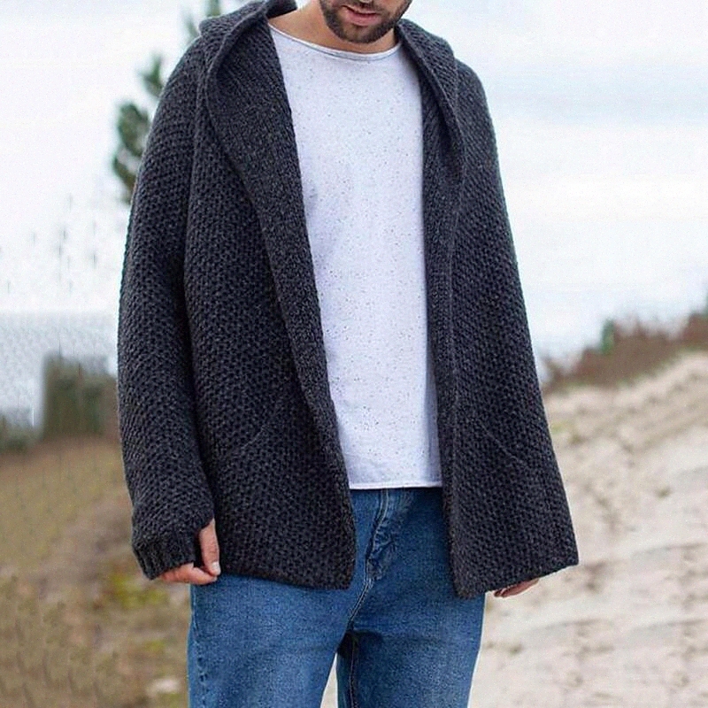 Men's Unisex Cardigan Knitted Solid Color Stylish Vintage Style Long Sleeve Sweater Cardigans Hooded Fall Winter Black Z4Y0#