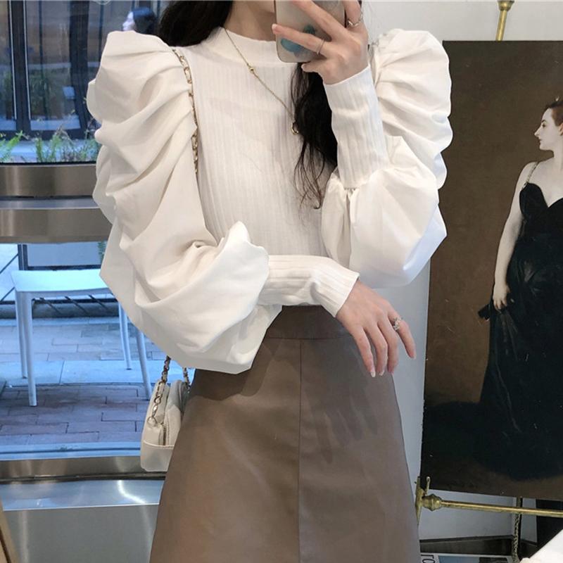 

Women's Sweaters Casual Slim O Neck Puff Sleeve White Sweater Women Jumpers Pull Autumn Retro Ruched Pullover Black Knitted Shirts Fashion T, White;black