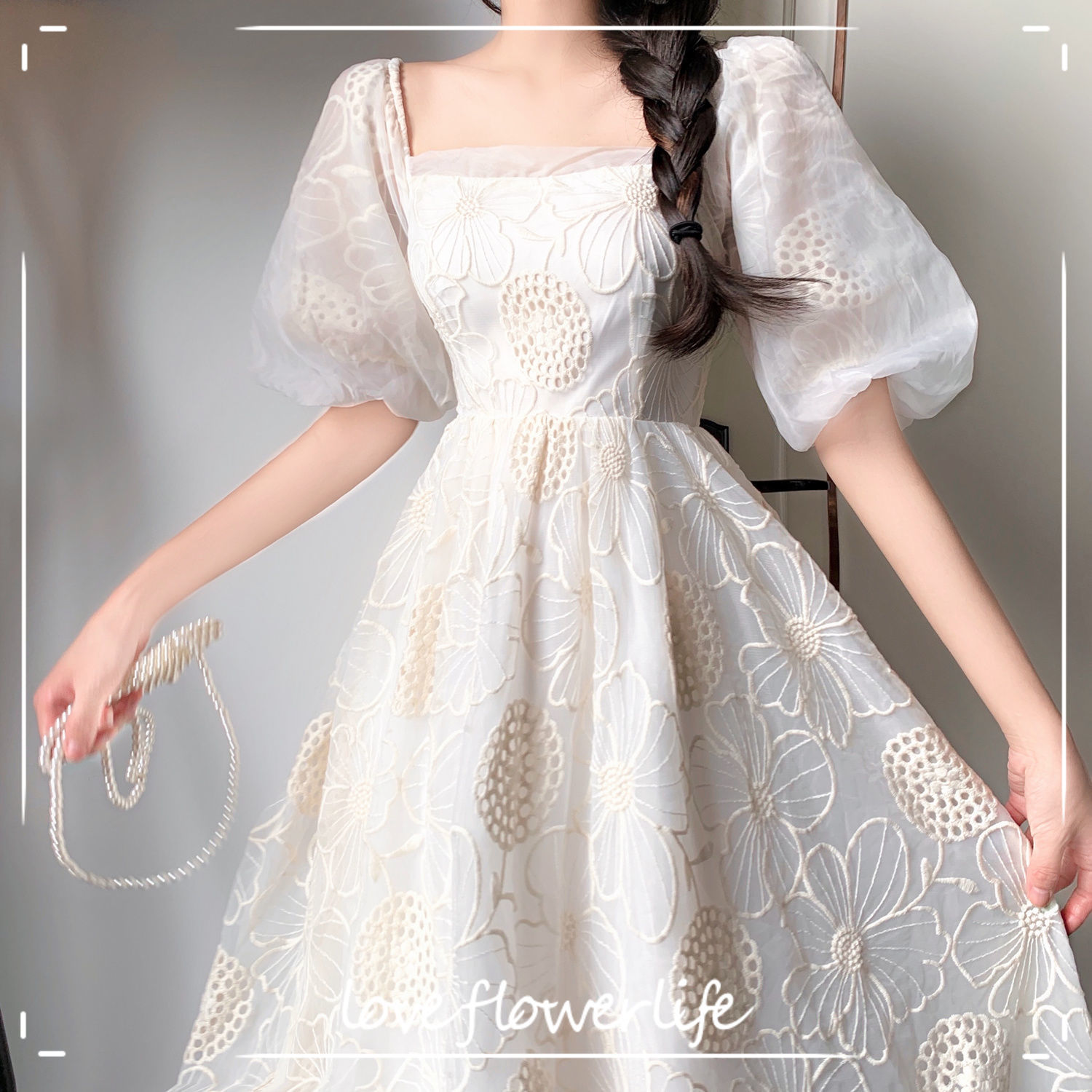 

Midi Dress Women's Summer French Vintage Casual Fairy Dress Female Puff Sleeve Lace Sexy Party One-pice Dress Korean 210521, Ivory