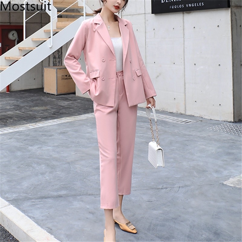 

Autumn Korean Elegant Women Blazer Suit Pant Sets Double-breasted + Ankle-length Pants Suits Workwear Ladies 210518, Pink