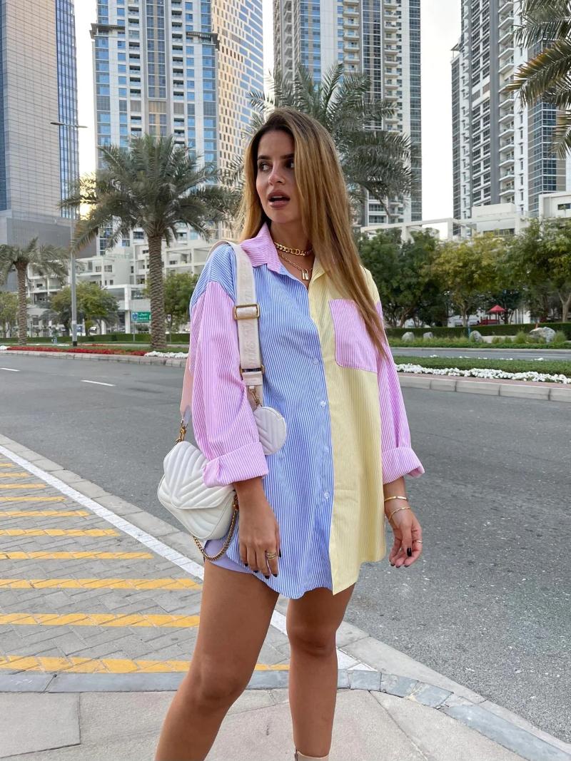 

Women' Blouses & Shirts Fashion All-Match Patchwork Striped Color-Block Women Long Shirt 2021 Spring Summer Elegant Pocket Lapel Collar Cas, Blue-yellow
