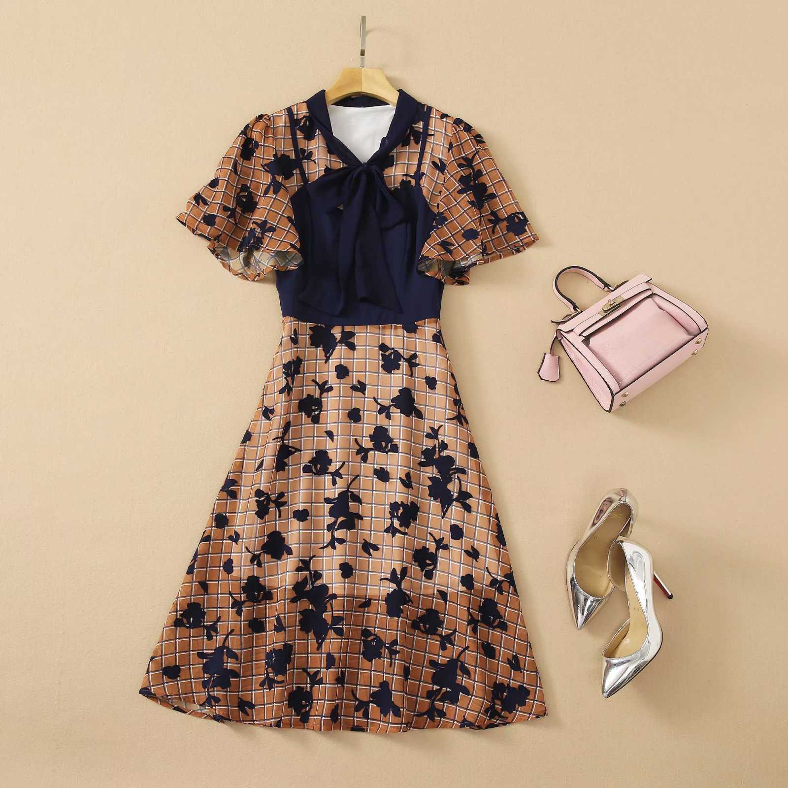 

HIGH QUALITY est Designer Dress Women' Short Sleeve Bow Collar Printed 210526, Mixed color