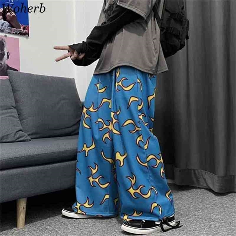 

Korean Vintage Flame Print Wide Leg Pants Women Man Fashion Streetwear Harajuku Loose Pant Casual Pantalone De Mujer 210519, Blue