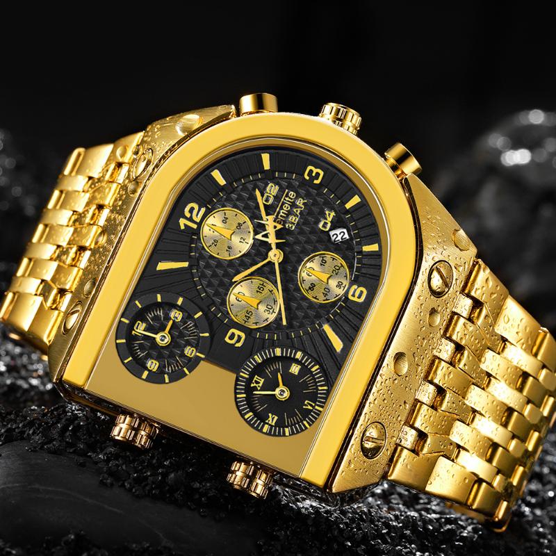 

Wristwatches TEMEITE Quartz Mens Watches Top 2021 Gold Watch 3 Time Zone Date Stainless Steel Military Oversize, Bo gold black