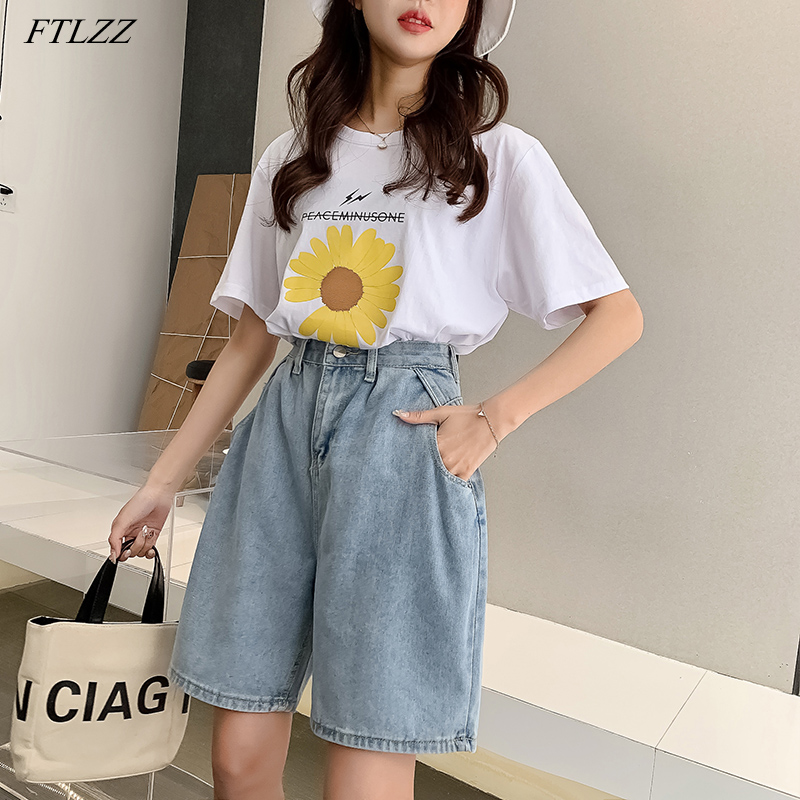 

FTLZZ New Woman Wide Legs High Waist Blue Knee-lenght Denim Shorts Casual Female Loose Fit Jeans Vintage Ladies Bermuda Shorts