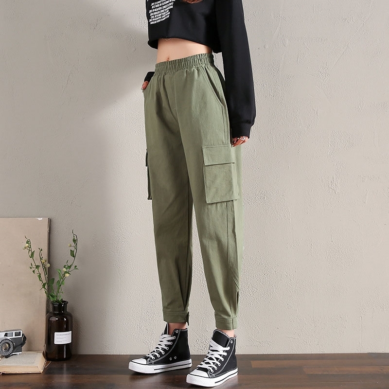 

Streetwear Cargo Pants Women Casual Joggers Black High Waist Loose Female Trousers Korean Style Ribbon Ladies Drop 210603