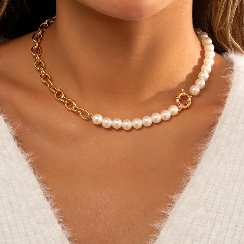 

Chokers Lacteo Vintage Iron Metal Splicing Imitation Pearl Necklaces Fashion Clavicle Collar Chain Choker Necklace Jewelry For Women