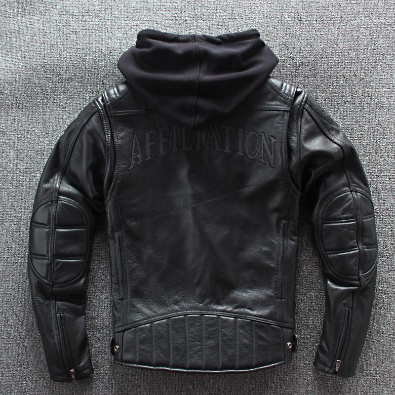 

Men' Leather & Faux Black Men Hood American Motorcycle Jacket Plus Size XXXXL Genuine Thick Cowhide Biker' Coat
