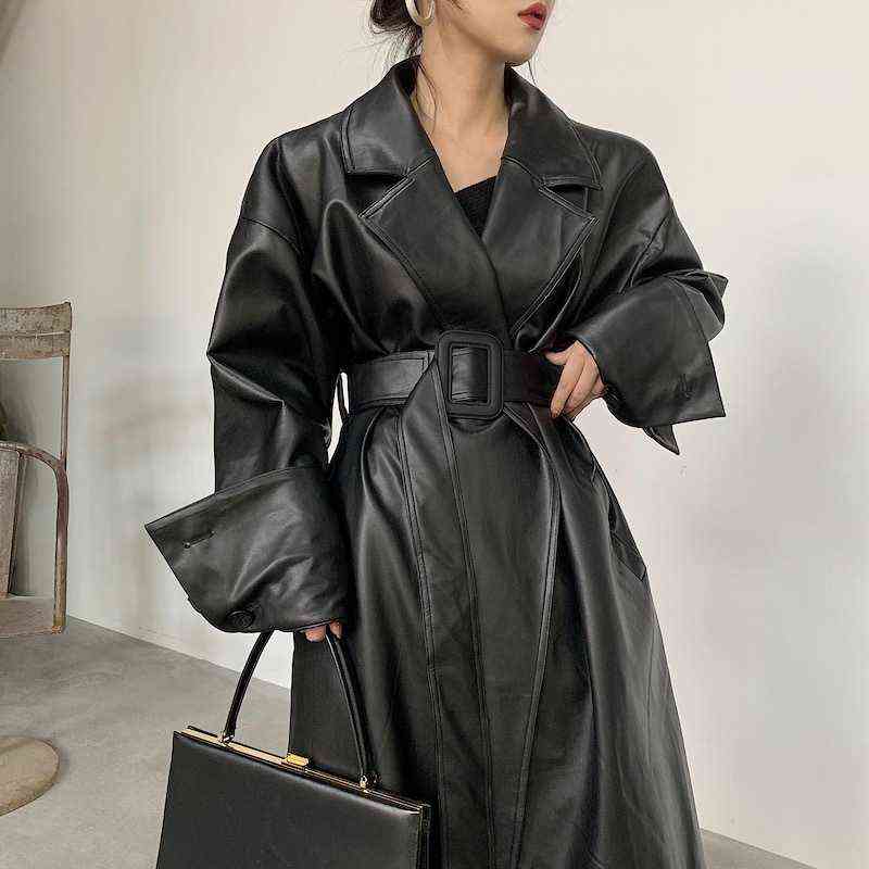 

Women's leather Lautaro Long Oversized Leather Trenchcoat For Mouwen Revers Loose Fit Fall Stylish Black Clothing Streetwear 0902