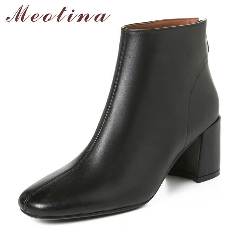 

Meotina Autumn Ankle Boots Women Natural Genuine Leather Thick High Heels Short Boots Zipper Round Toe Shoes Ladies Size 34-39 210608, Black
