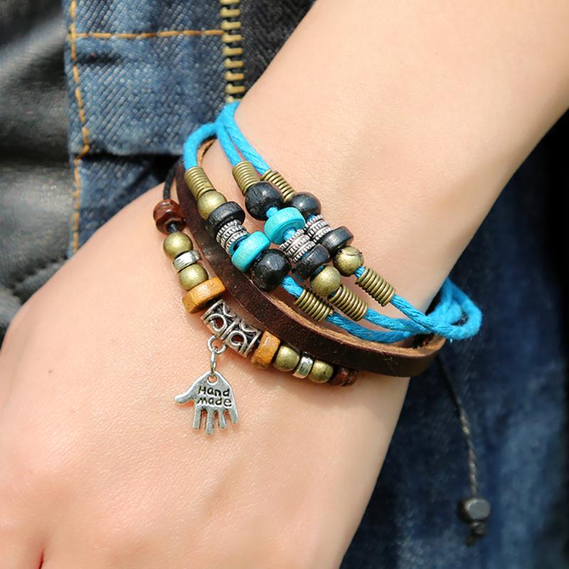 

Charm Bracelets Creative Palm Pendant Leather Bracelet & Braided Beaded Wristband For Men Adjustable Jewelleryfor Women Punk& Student Bangle