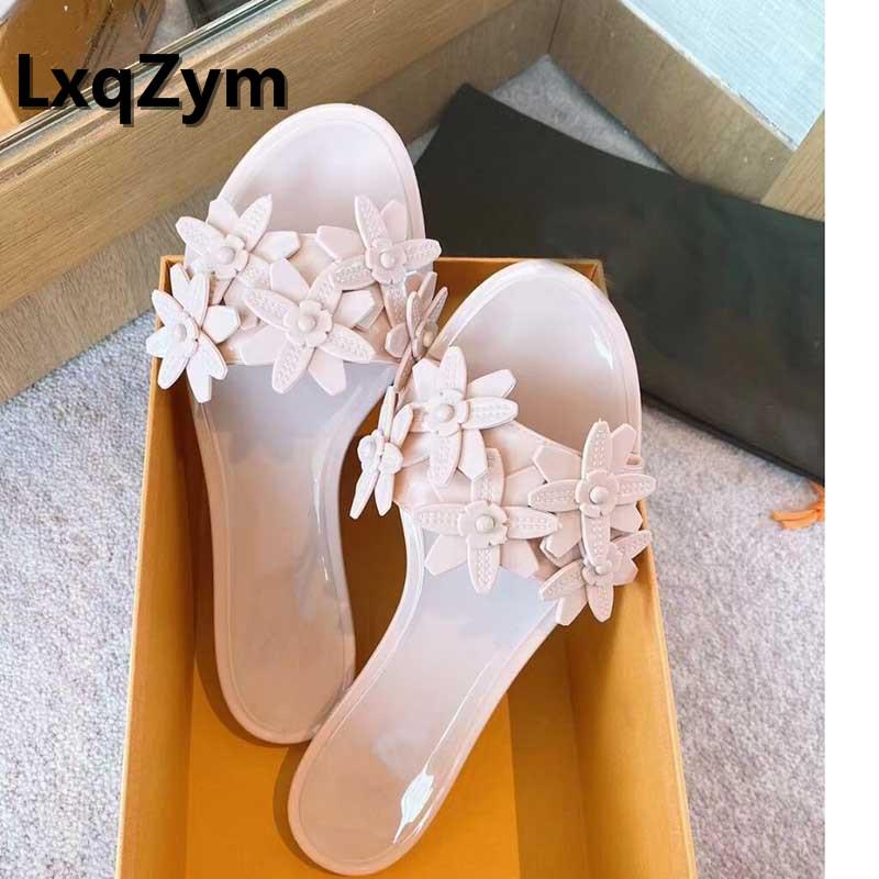 

Summer Fashion Simple Flower Pvc Holiday Beach Wearing Jelly Shoes Heel Flat Slippers Women Sandals, Black