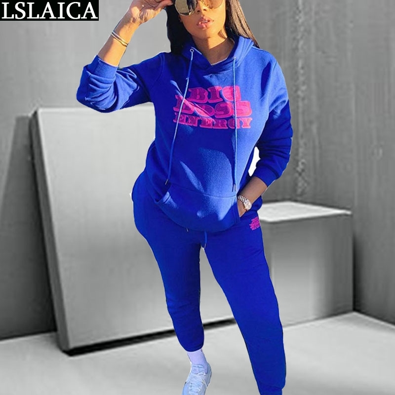 

Clothes for Women Solid Color Pocket Letter Printing Hooded Sweatshirt&woman Pants Elastic Waist Fashion Two Piece Set 210520, Blue