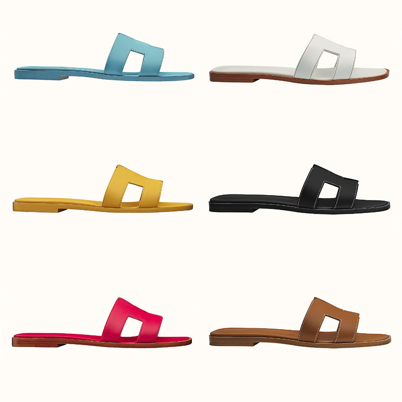 

Women Oran Sandal Slides Designer Classic Flat Slippers Red Yellow Cartoon Real Leather Ladies Summer Beach Sexy Shoes Large Size US 4-12 with Box 278, Color 7