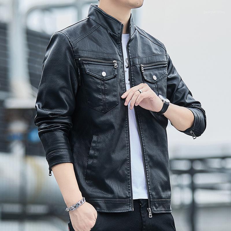 

Spring Fashion Stand Collar Motorcycle Leather Jacket Men Good Quality Stylish Chaquetas De Cuero Hombre Men's Fur & Faux, Black