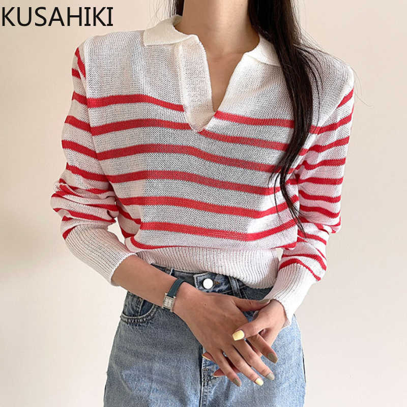 

KUSAHIKI Summer Thin Knitwear Korean Hit Color Stripe Women Knitted Top Causal Puff Sleeve Turn-down Collar Pullover 6J341 210602, White