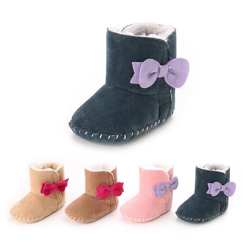 

Boots Winter Baby Plush Moccasins Hard Bottom Princess Bow Anti-slip Super Warm Infant Girls Shoes 0-18 Months, Black;grey