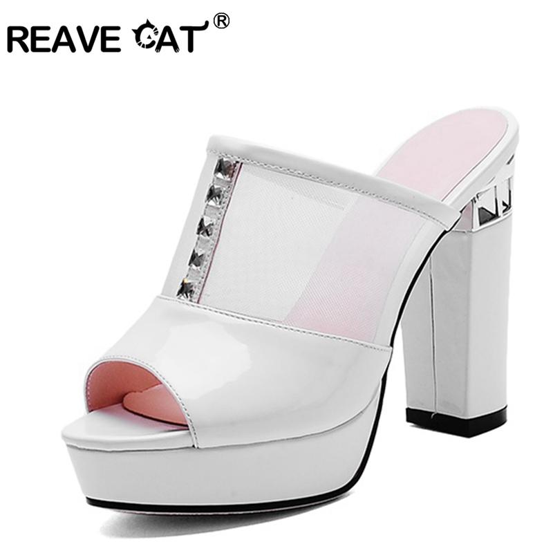 

Women's Sandals High Heels Ladies Pump Mesh Peep Toe Platform Patent Leather Rivets Black White Big Size 33-44 A2023