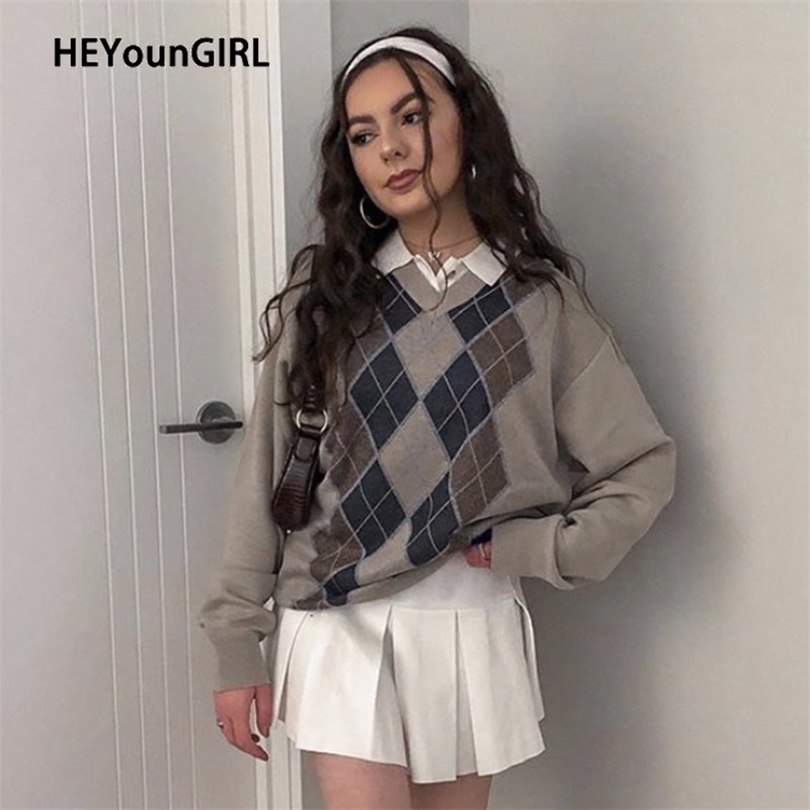 

HEYounGIRL Preppy Style Vintage V Neck Sweater Women Autumn Casual Argyle Plaid Jumper Female Korean Fashion Pullover Winter 211018, Brown