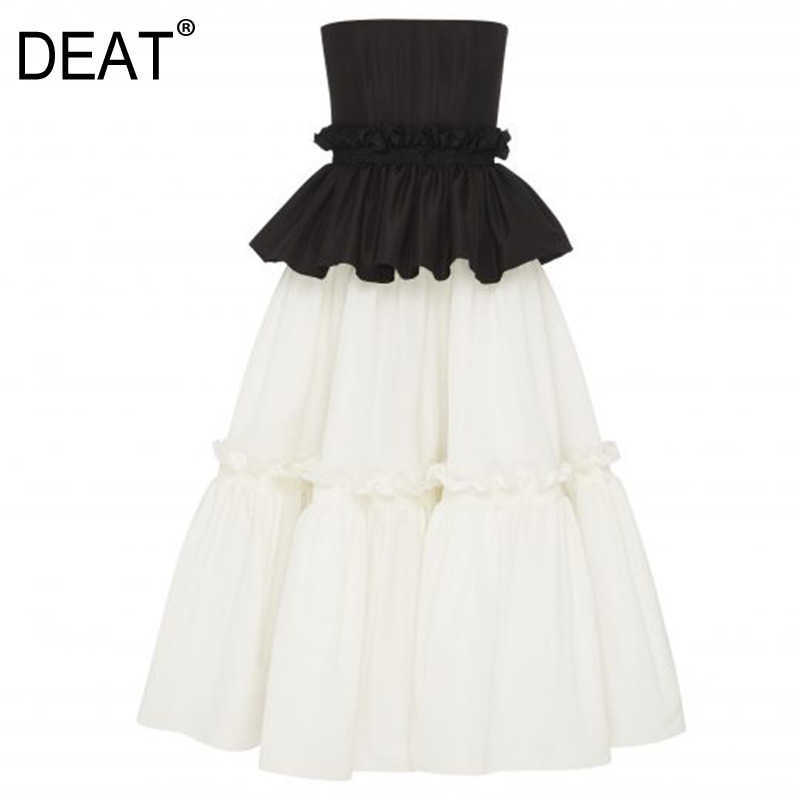 

[DEAT] Women Patchwork Ruffles Pleated Temperament Dress Strapless Sleeveless Loose Fit Fashion Spring Summer 13S116 210527, Black and white