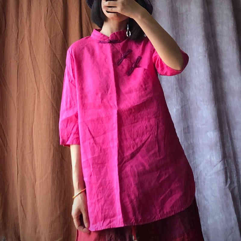 

Johnature Autumn Vintage Linen Tops O-Neck Three Quarter Sleeve Linen Women Casual Loose Rose Red Casual shirts 210521