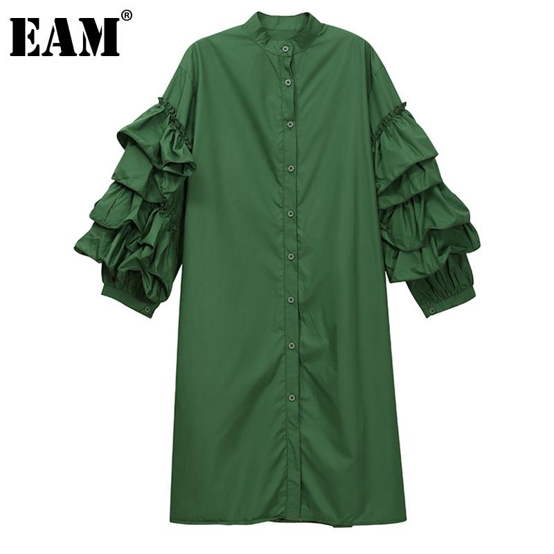 

Casual Dresses [EAM] Women Green Ruffles Long Big Size Dress Stand Collar Three-quarter Sleeve Loose Fit Fashion Spring Summer 2021 1DE0252