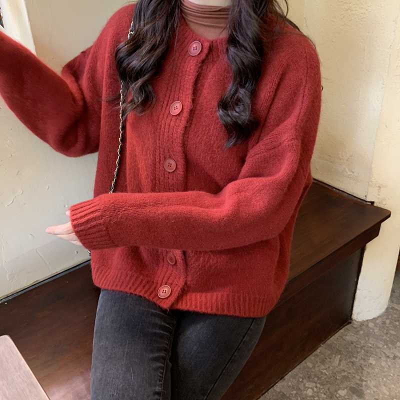 

LY VAREY LIN Spring Autumn Women Solid O-Neck Single Breasted Loose Cardigan Sweater Elegant Simple Trendy Knitted Warm Outwear 210526, Red