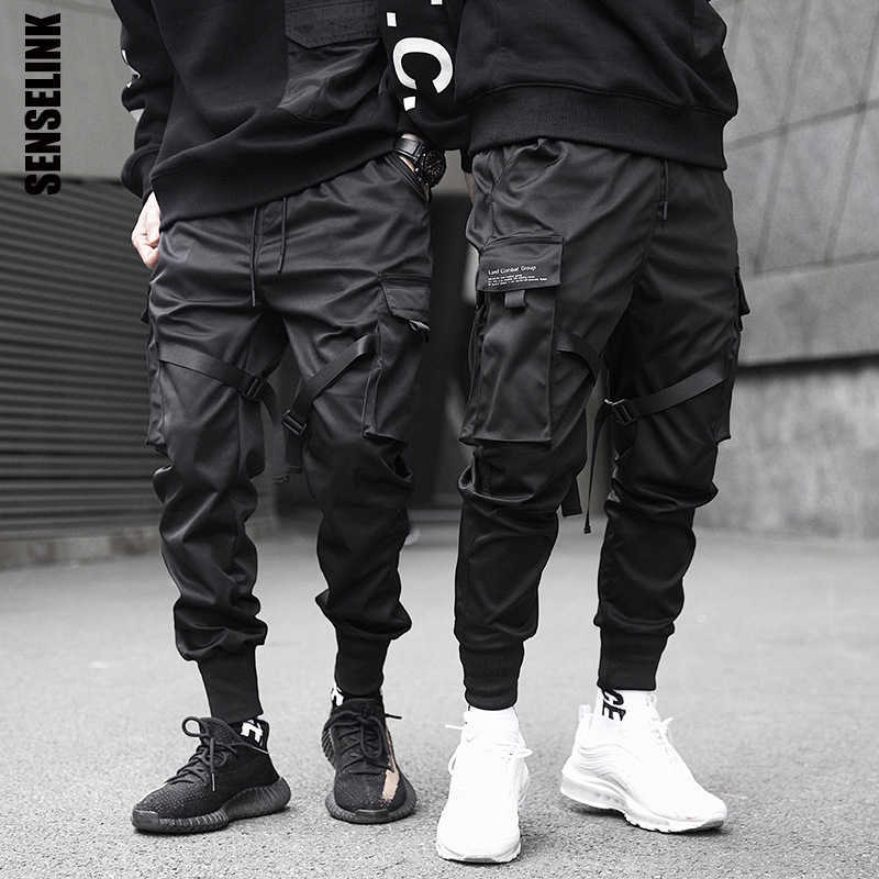 

Men Cargo Pants Black Ribbons Harem Joggers Casual Cotton Streetwear Hip Hop Pockets Track Pants Harajuku Fashion Trousers 210616, White