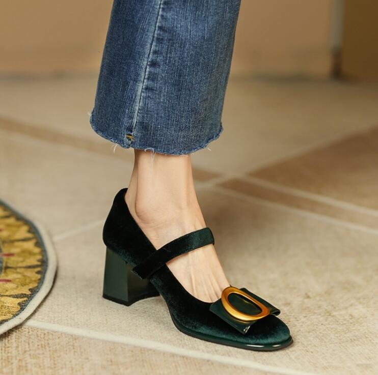 

Wine Red Green Mary Jane Shoes Women Gold Metal Buckle Pumps Lady Pumps