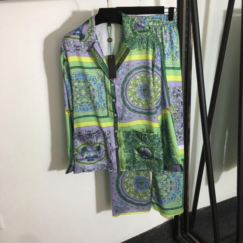 

Retro Printed Long-Sleeved Shirt + Elastic High-Waist Wide-Leg Pants Two Piece Set Baroque Summer Holiday Women Clothes 2021 Women, Gold