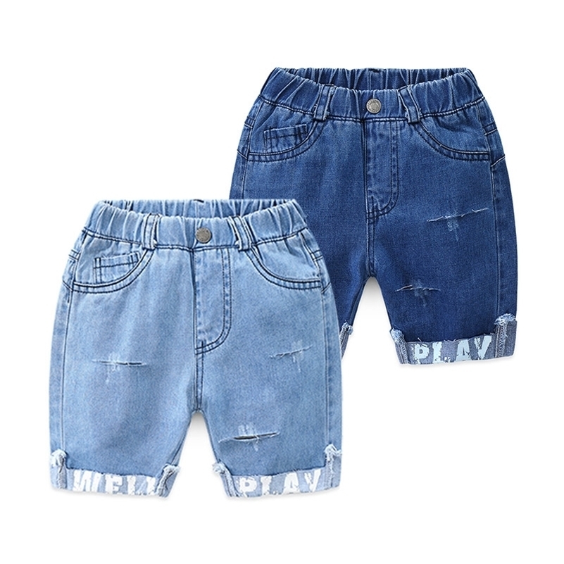 

European American Style 3 4 6 8 10 12 Years Kids Sports Pocket Elastic Waist Handsome Summer Hole Denim Shorts For Baby Boys 210701, Light blue