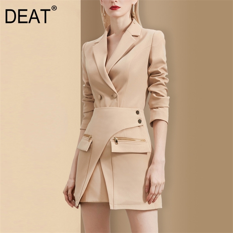 

[DEAT] Patchwork Solid Suit V-neck Double Breasted Women Irregular Design Half Skirt Two Piece Set Spring And Autumn GX1081 211019, White