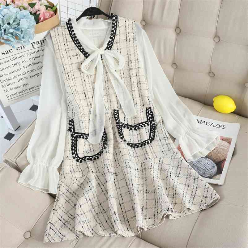 

Spring Autumn Women Long Sleeves Thin Bow Shirts + Plaid Pocket Mini Dress 2pcs Sets Female Suits Outfit Dresses A2080 210519, Gray