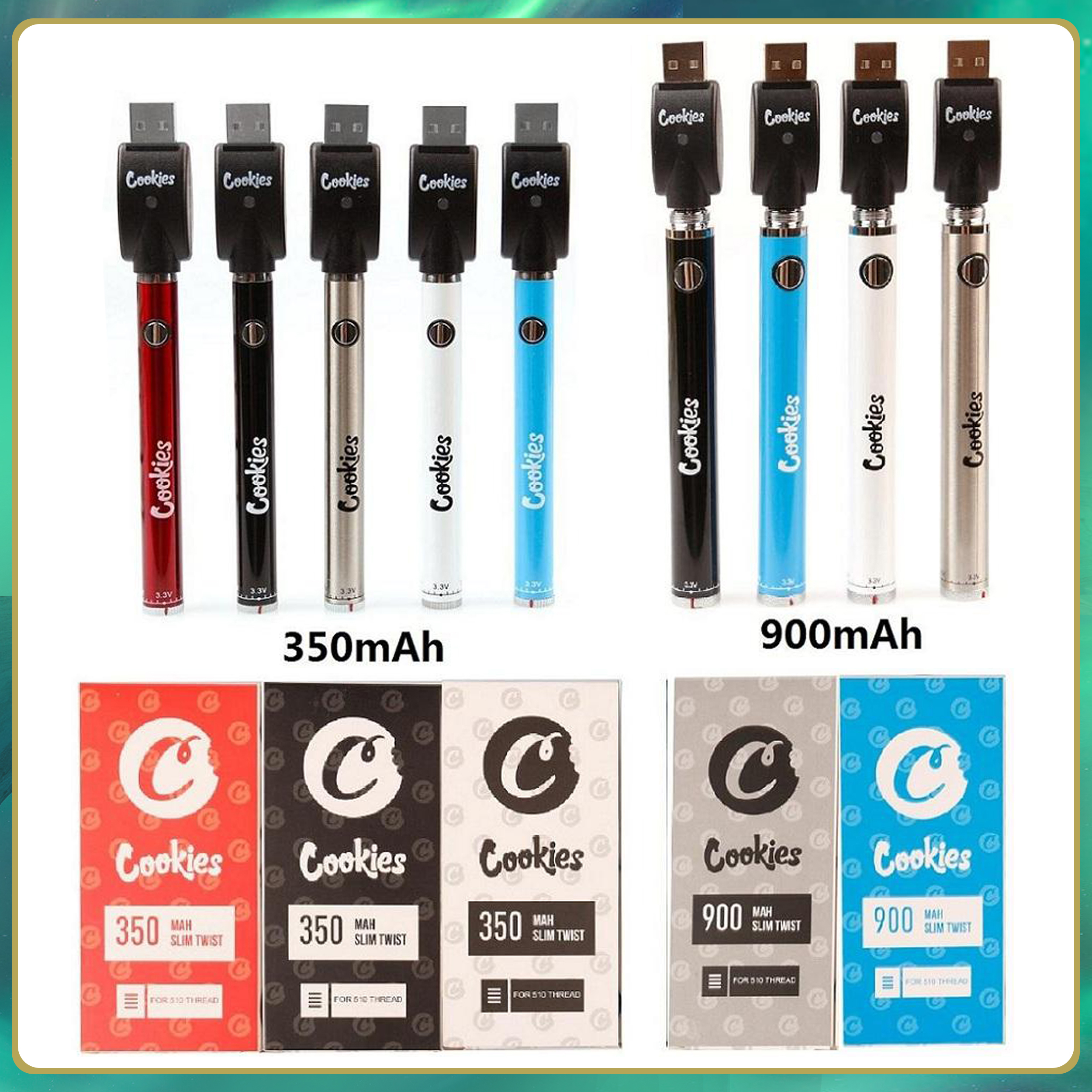 

Cookies Battery 350mAh 900mah Bottom Spinner 3.3-4.8V Preheat VV Cartridge Vape Batteries Pen For EGO 510 Thread Tanks Atomizer Jar