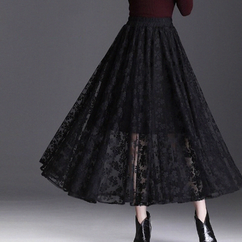 women's Vintage Bodycon Ankle-Length Skirts Tea Party Weekend Solid Colored Pleated Black M L XL / Lace / Loose w5Az#-image-756080819