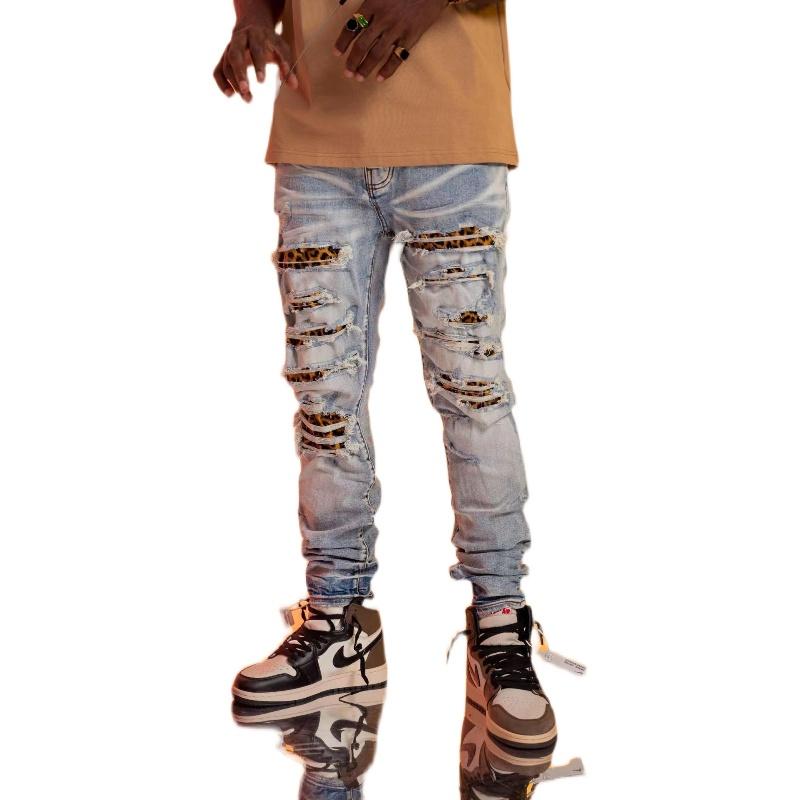 

Men's Jeans Blue Male Fluffy Leopard Patch Stitching Ripped Stretch European And American Trend Denim Pants