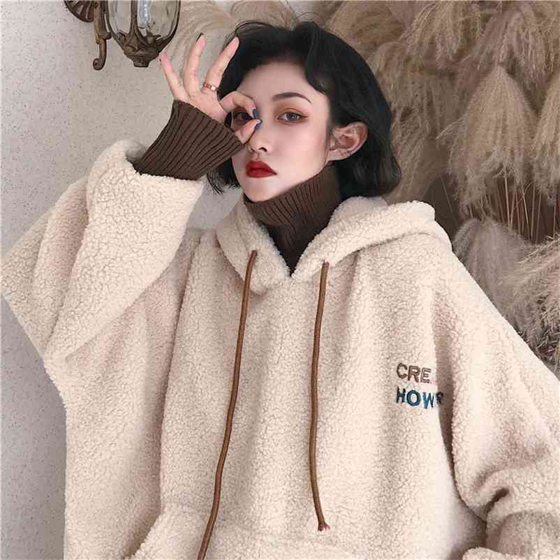 

Winter Thickening Plus Velvet Lamb Plush Hooded Sweatshirt Female Harajuku Korean Fashion Loose Casual Women 210519, B1
